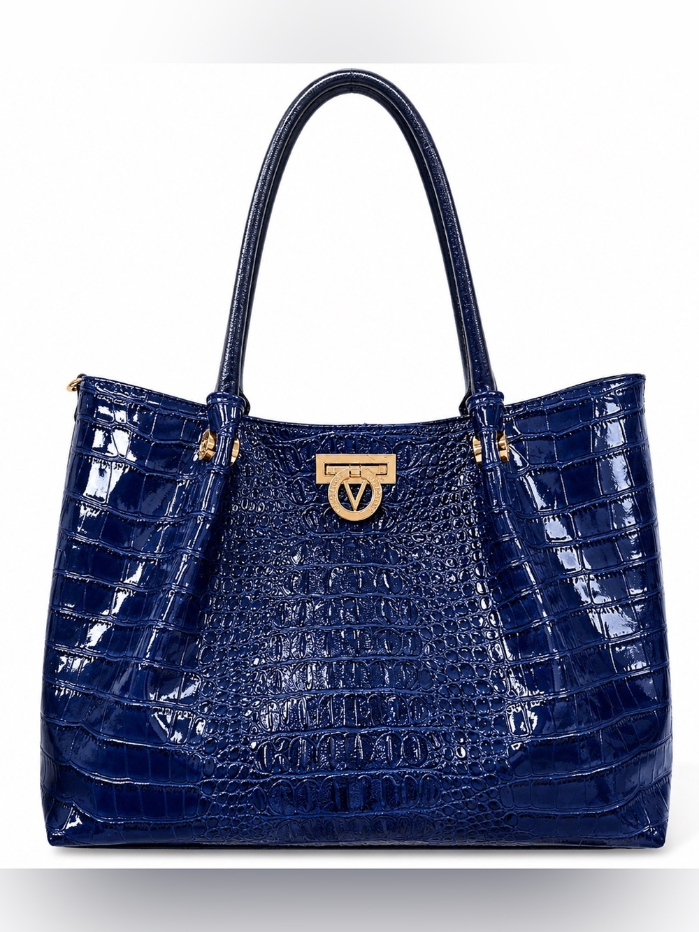 Vintage Valentino Sapphire Blue Glossy Croc Embossed Large Tote Bag